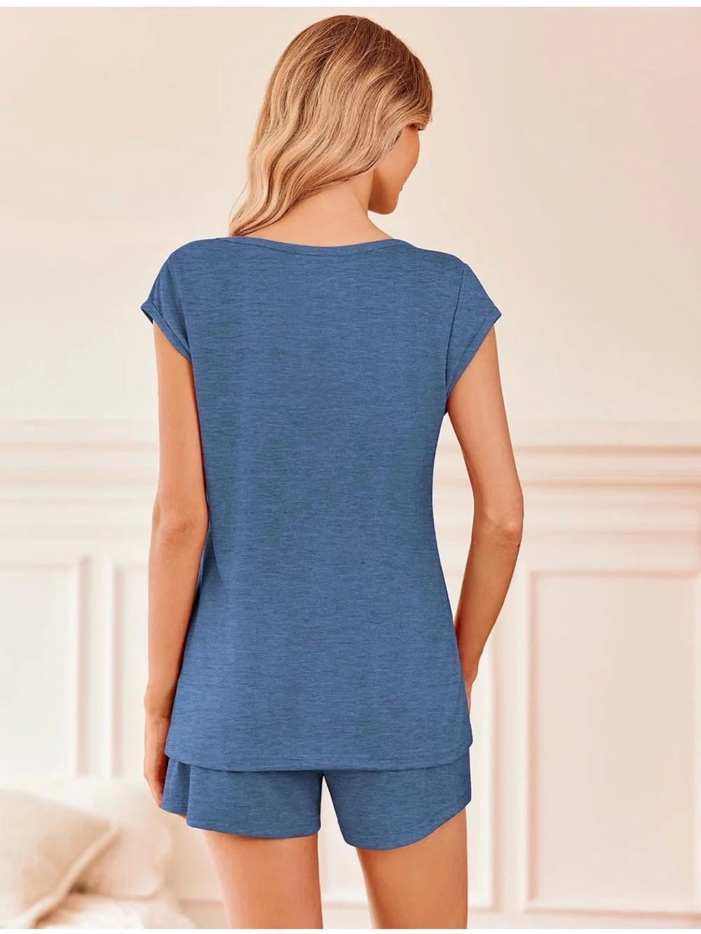 Women's Blue Two-Piece Knit Lounge Set - Short Sleeve Top & Drawstring Shorts